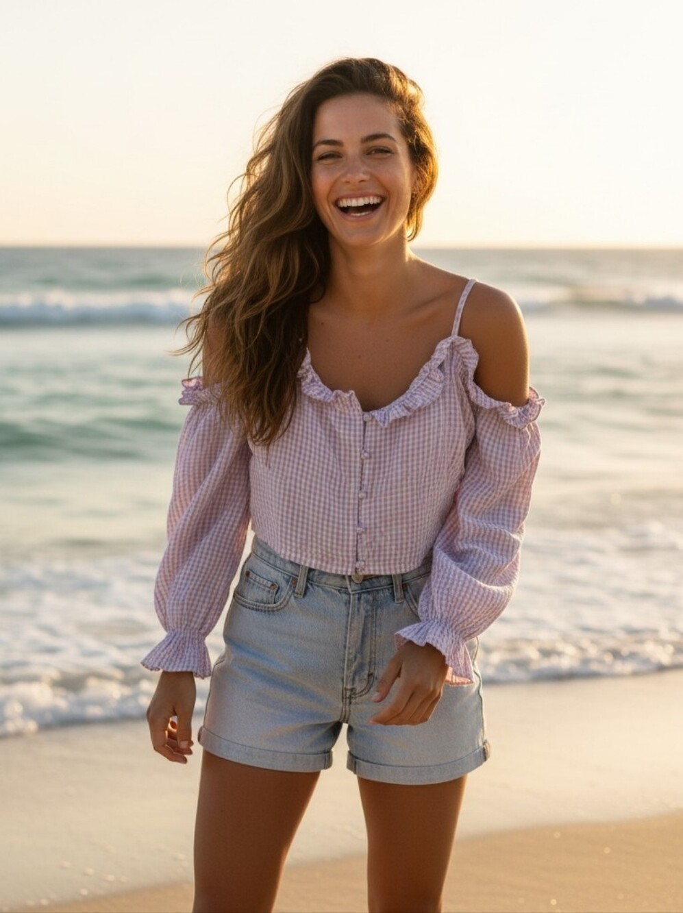 Lilac Gingham Cold-Shoulder Ruffle Blouse - Picture 2 of 2